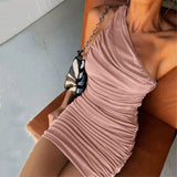 Blue One Shoulder Ruched Dress For Women Sleeveless Bodycon Mini Dresses Femme Clubwear Slim Party Dress