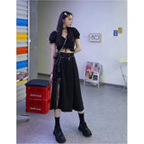 Dark Lace Up Mall Gothic Pencil Black Midi Skirts Harajuku Punk Women High Waist Sexy Long Skirt Emo Alternative