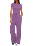 Suit Folding 2025 New Solid Short-Sleeved Top High-Rise Broad Leg Pants