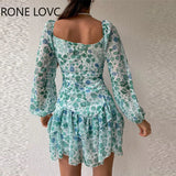 Women Chic Deep V Neck Lantern Sleeves Cascading Ruffles Disty Floral Print Sexy A-line Party Chiffon