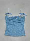 Age-Reduce Lace Bow Spliced Sling Vest Collar Print Blue Collar Knitted Shirt