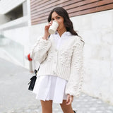 Fashion Winter Cardigan Women V Neck Bejewelled Button Twist Geometry Knitted Long Sleeve Outwear Jacquard Hairball