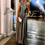 Solid Shiny Ladies Long Dress Fashion Diagonal Collar Backless Sleeveless Party Dress Casual Slim Pleated Pocket