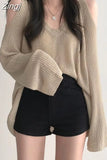 Solid Casual Hollow Out Korean Long Sleeve Sweater Y2k Pullover Loose Off Shoulder Sueters Sunscreen Tops Knitted