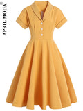 Office Retro Vintage Women Swing A Line Dresses Turn Down Collar Button Front Short Sleeve Rockabilly Flare 50s