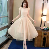 Mid-length Chiffon Short-sleeved Dress with Pearl Belt Showing Thin Ladies Temperament Gentle Wind Chiffon A-line