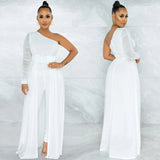 Women Fashion Elegant Casual One Shoulder Plain Sheer Mesh Jumpsuit Long Sleeve Chic Mesh Solid Elegance