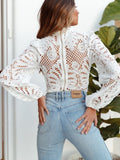 Crochet Lace Blouse Women Casual Shirt Lantern Sleeve Hollow Out Crop Top Elegant Fashion Zipper Turtleneck Slim