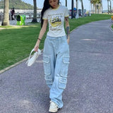 blue multi-pocket niche design tooling jeans women 2022 summer hiphop y2k vintage streetwear loose straight wide-leg