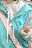 Green Embroidery Cat Zipper Coats Women Loose Sweatshirts Japanese Long Sleeve Cute Sweet Ear Hooded Sudaderas Y2k