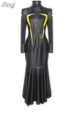 Spring Autumn Cool Red and Black Patchwork Faux Leather Maxi Dress Women with Detachable Hem Luxury Designer