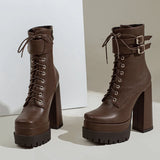 Platform Women Punk Boots Square Toe Super High Heel Ankle Boots Lace Up Zipper Motorcycle Boots Autumn Winter Lady