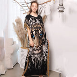 Elegant Tiger Printed Long Dreen Women Summer Tassel Batwing Sleeve Dress Beach Wear Long Robe de plage