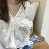 Vintage Sweet Lace Shirts Women Korean Cute V Neck Long Sleeve Loose Blouses Summer Streetwear Boho Beach Casual Tops