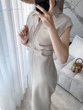 New Women Single Breasted Short Sleeve Office Lady Elegant Vestidos Femme Clothes Midi Slim Solid Shirt
