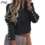 New Women Off-Shoulder T-Shirt Ladies Solid Color Button Long Sleeve Autumn Winter Warm Casual Loose
