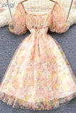 Square Collar Mesh Chiffon Mini Dress Women Floral Short Puff Sleeve High Waist A-Line Vestidos Female Beach New