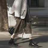 Retro Print Irregular Double-Layer Slit Straps High Waist Thin A-Line Long Skirt Women Spring Korean Mid-Length