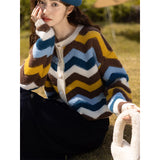 Retro Striped Cardigans Women 2022 Autumn Winter Warm Chic Sweater Loose Knitwears Korean Fashion Knitted Coat