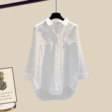 Outfits For Women 2023 Fashion Boho Knitted Vest+long Sleeve Sunscreen Blouse+side Split Pearl Beading Denim Skirts