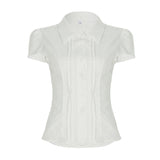 Summer New Solid Color Buckle Shirt Top Female Thin Perspective Body Display Leisure Short Sleeve