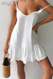 Summer Dress 2023 Women Sexy Solid V-Neck Ruffled Spaghetti Strap Mini Dress Casual Beach Short Dress Vestidos