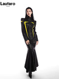 Spring Autumn Cool Red and Black Patchwork Faux Leather Maxi Dress Women with Detachable Hem Luxury Designer