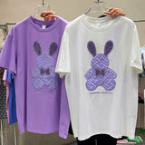 Pure Cotton Purple Crystal Diamonds Rabbit Embroidery Cute T Shirts Kawaii Women Girls Loose Casual Tops Korean