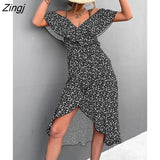 Floral Print Sling Dress Women Summer Dresses 2022 NEW Elegant Sexy Strapless Spaghetti Irregular Ruffle Hem Slit