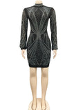 Sexy Long Sleeve Rhinestone Mesh Sheer Bodycon Dress Hot Women Stand Backless Night Clubwear