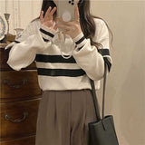 Style Striped Women's Sweater Korean Fashion Polo Collar Loose Long Sleeve Top Y2k Clothes Sweater Women Autumn