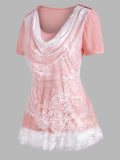 Women T-Shirt Lace Insert Cowl Front Ruffle Hem T Shirt Colorblock Fashion Women Tops Tees Punk