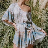 Queens Women Floral Print Tie Neck Bohemian Mini Dress Ladies Batwing Sleeve Beach Boho Dresses