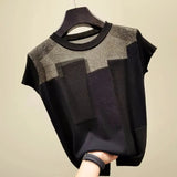 Patchwork Ice Silk Knitted Tops Women O-neck Short Sleeve Summer Tank Tops Pullover Fashion Casual Blouse Blusas
