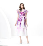 Style V Tie With Belt Mesh Yarn Leaves Side Splicing Large Swing Printing Long Dress 2025