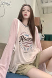 Retro Letter Print Long Sleeve Summer Tshirts Women Y2k Sunscreen Contrast Color Tees O Neck Loose Thin