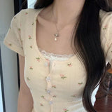 Aesthetic Floral Print Button Short Sleeve TeeOutfit