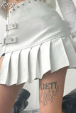 Spring Summer Sexy Retro White Black Pu Leather Mini Pleated Skirt Women Zipper Rivet Side Slit Short Designer
