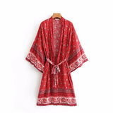Queens Women Floral Print Bat Sleeve Beach Bohemian Kimono Dress Ladies V Neck Summer Bikini Boho