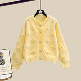 Winter Knit Sets Womens Outfits Korean Sweet Floral Knitted Cardigan And Wide Leg Pants Sets Ladies Elegant Knitting