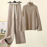 Winter Warm Knitted Suit Women Long Sleeve Half Turtleneck Knitting Sweater And Wide Leg Pants Sets Outer Wear Loose