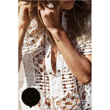 Queens Women White Short Sleeve Beach Hollow Out Bohemian Shirt Ladies Sexy V-neck Boho Shirts
