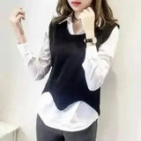 and Autumn Solid Color V-neck Short Wave Edge Edge Sleeveless Knitted Bottoming Sweater Vest Pullover and White