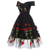 Runway Women's Dress Slash Neck Mesh Hem Lace Flowers Slim Elegant White Black Rose Party Dresses Vestidos De