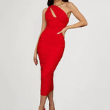 Diagonal Collar Ruched Dress Women Solid Summer Backless White Club Outfits Sexy One Shoulder Hollow Out Party
