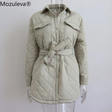 plaid Quilted Jacket Women Loose Thin Puffer Parkas Coat Vintage Belted Outwear Autumn Winter Ladies Oversize