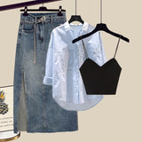 Outfits For Women 2023 Fashion Sling Vest+long Sleeve Sunscreen Shirt+side Split Denim Skirts Sets Korean 3 Piece