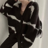 for Women Stripe Patchwork V-Neck Oversized Cardigan Loose Lazy Coats Woman Winter 2021 Korean Fashion Cardigan
