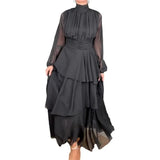 Zingj 2023 New French Hepburn Wind Solid Color High Collar Waist Cake Dress Woman-Outfit