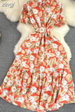 Vintage Women Printed Long Dress Elegant Turn-Down Collar Single Breasted Short Sleeve High Waist A-Line Maxi Vestido